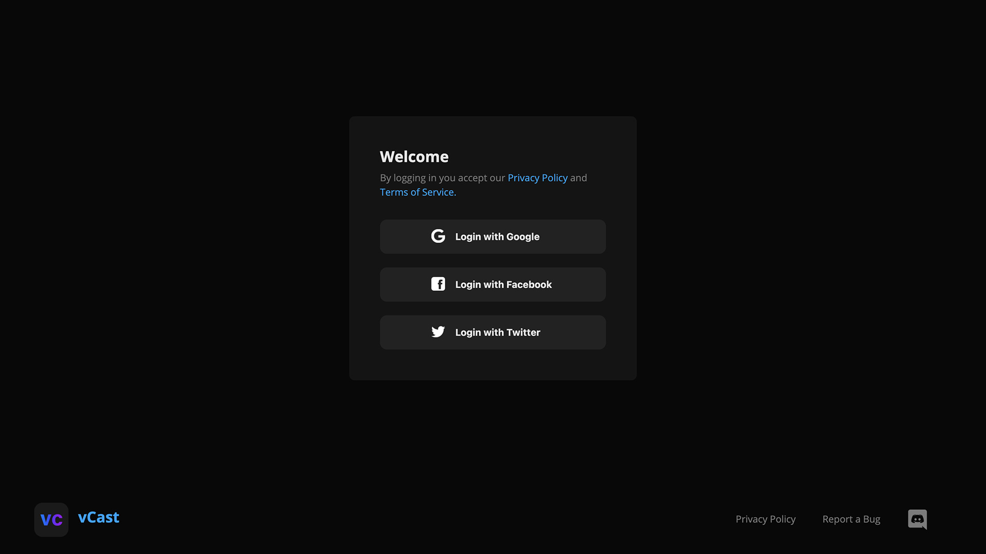 vCast Login Screenshot